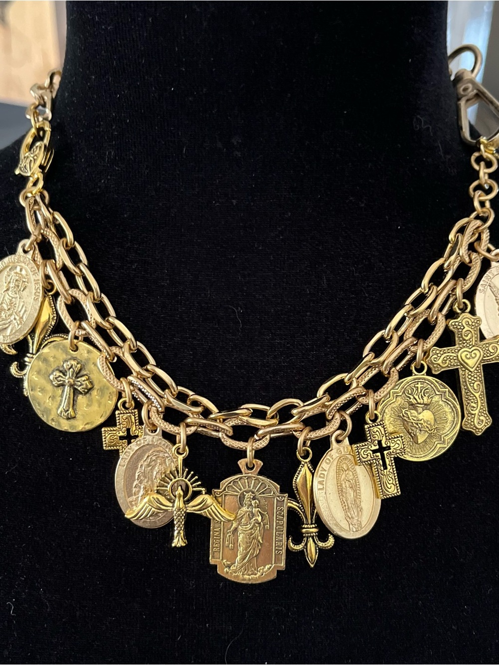 Catholic Saints and Crosses Charm Bracelet, Gold Tone Medals - Picture 2 of 12
